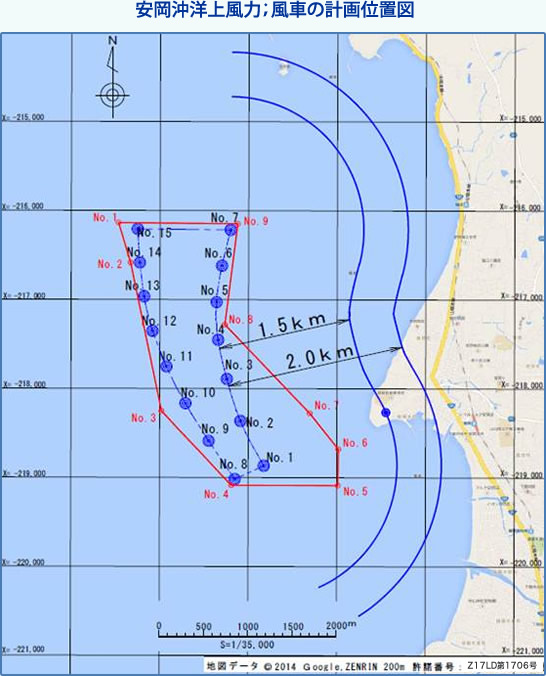 安岡沖洋上風力；風車の計画位置図