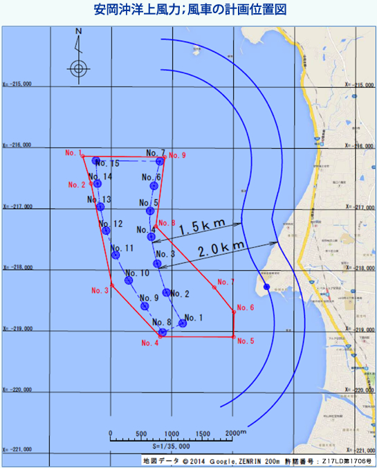 安岡沖洋上風力；風車の計画位置図